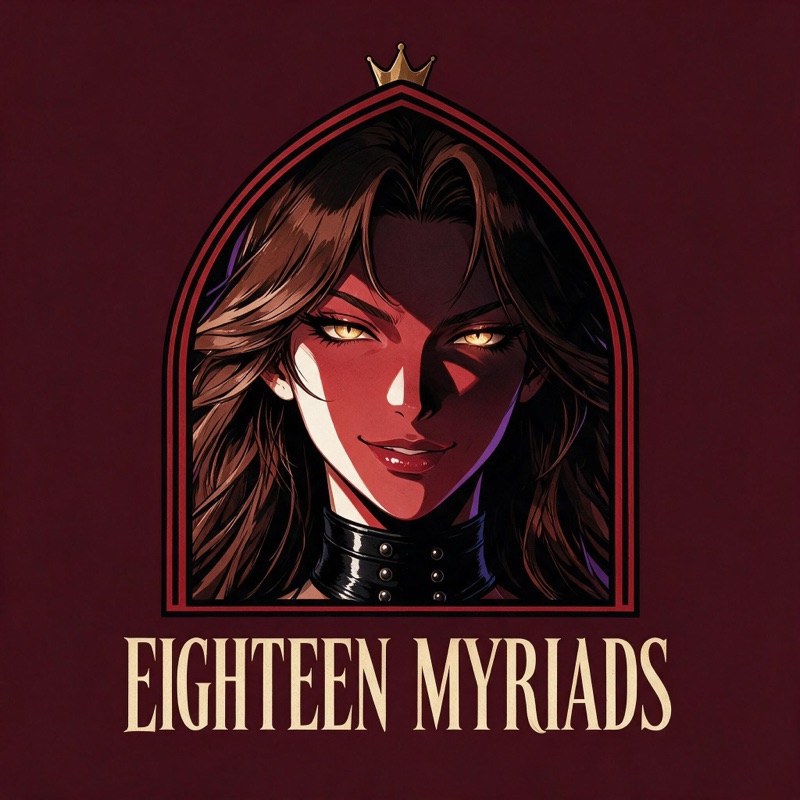 Eighteen Myriads logo: a crowned demon queen inside a red gothic arch